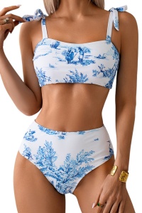 Costum de baie, set 2 piese, model elegant, imprimeu grafic deosebit, sutien tip bustiera si chilot talie inalta, tematica sunny days alb cu albastru