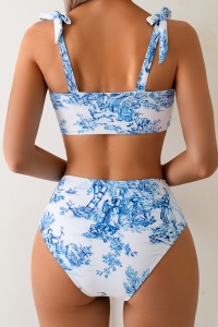 Costum de baie, set 2 piese, model elegant, imprimeu grafic deosebit, sutien tip bustiera si chilot talie inalta, tematica sunny days alb cu albastru - Img 2