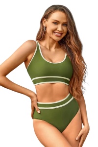 Costum de baie, set 2 piese, model super confortabil cu detaliu de contrast, sutien tip bustiera si chilot talie inalta, tematica happy summer day verde cu bej