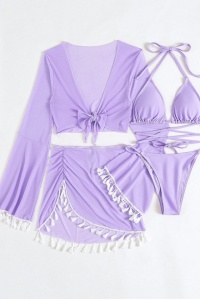 Costum de baie, set 4 piese, model vesel jucaus, accesorii ciucurei, sutien prindere crossbody, chilot decupaj clasic croi ingust, top scurt maneci lungi si fusta scurta semitransparenta, tematica beach party mood mov - Img 3