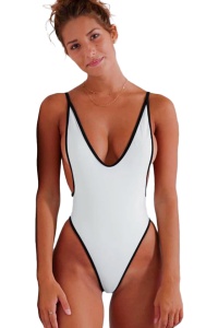 Costum de baie sexy dama, o piesa, alb, chiloti brazilian, decolteu adanc in V, spate gol