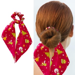 Elastic de par, model de sarbatoare cu prelungire tip ponytail, imprimeu vesel cu tematica de Craciun, rosu aprins - Img 4