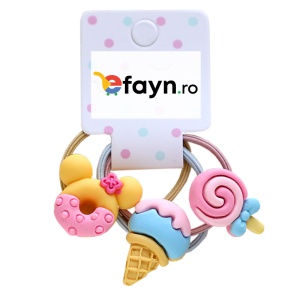 Elastic par pentru copii, set 3 bucati, model jucaus, cu accesorii dulciuri colorate, roz