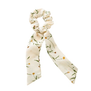 Elastic pentru par, model ponytail, imprimeu floral, crem
