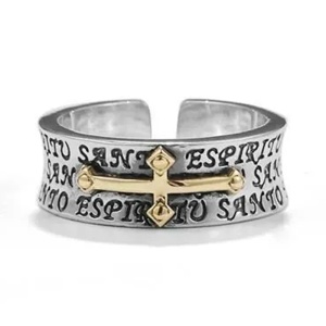Inel retro, model cruce crestina, tematica religioasa holly cross, inscriptionat cu litere, marime universala, reglabil, unisex, argintiu, - Img 3