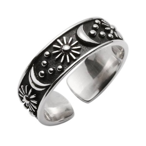 Inel retro, model soare si luna, tematica circle of life, reglabil, marime universala, unisex, argintiu