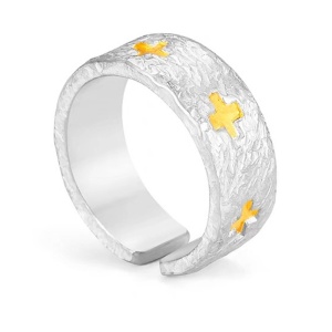 Inel unisex, model special cu cruciulite multiple, tematica holy cross, reglabil, argintiu,
