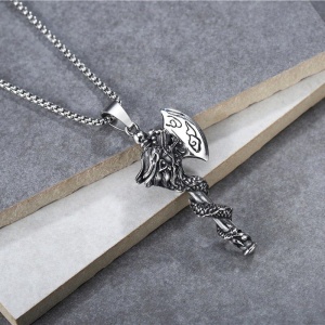 Lant axe master, cu pandantiv topor cu dragon, unisex, argintiu inchis, - Img 2