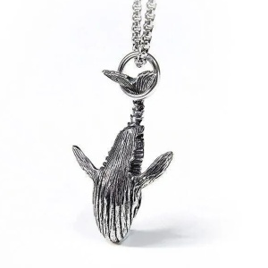 Lant cu pandantiv balena jucausa, model retro, tematica blue whale sea jump, unisex, argintiu, - Img 2