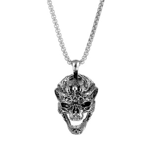 Lant cu pandantiv cap de schelet cu zambet demonic, model laughing demon, tematica underworld, unisex, argintiu,