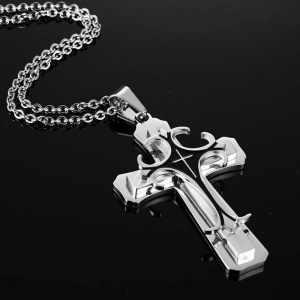 Lant cu pandantiv cruce argintie, negru cu argintiu, unisex - Img 2