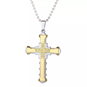 Lant cu pandantiv cruce, auriu cu cristale semipretioase, unisex