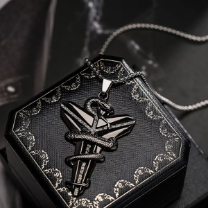 Lant cu pandantiv cruce cu sarpe, unisex, negru, - Img 4