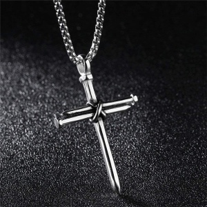 Lant cu pandantiv cruce, model cross, argintiu, unisex - Img 2