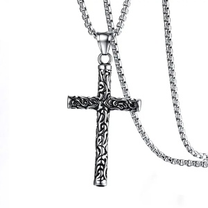 Lant cu pandantiv cruce, model holy cross, M3 stil budist, unisex, argintiu metalizat,
