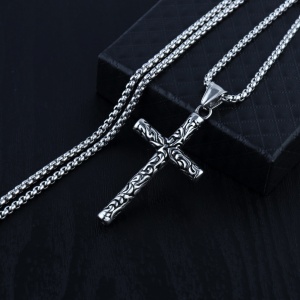 Lant cu pandantiv cruce, model holy cross, M3 stil budist, unisex, argintiu metalizat, - Img 4