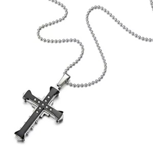 Lant cu pandantiv cruce, negru cu cristale semipretioase, unisex - Img 3
