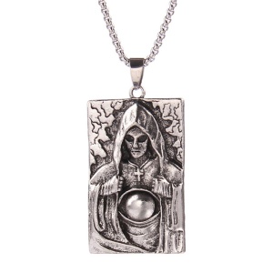 Lant cu pandantiv demon, model grim reaper, tematica infricosatoare, unisex, argintiu,