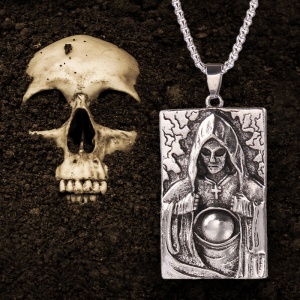 Lant cu pandantiv demon, model grim reaper, tematica infricosatoare, unisex, argintiu, - Img 4