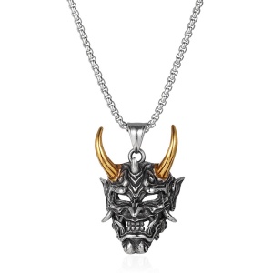 Lant cu pandantiv masca Oni, demon japonez, unisex, auriu,