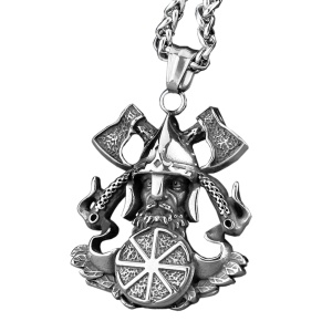 Lant cu pandantiv, model cu dual axe wielding viking, tematica valhalla is calling, unisex, argintiu,