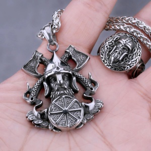 Lant cu pandantiv, model cu dual axe wielding viking, tematica valhalla is calling, unisex, argintiu, - Img 4