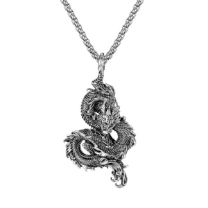 Lant cu tematica mitologie chinezeasca, pandantiv dragon fioros, unisex, argintiu,