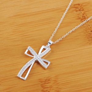 Lant dama, pandantiv cruce cu pietre, model religios, tematica holy cross, argintiu - Img 2