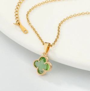 Lant dama, pandantiv cu trifoi cu patru foi, model minimalist, reglabil, tematica lucky flower, verde - Img 2