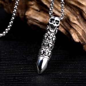 Lant deadly bullet, pandantiv glont tip totem cu schelete, model, unisex, argintiu, - Img 3