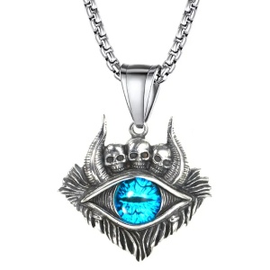 Lant demon world, cu pandantiv evil eye cu detalii capete de schelet, unisex, albastru,