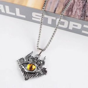 Lant demon world, cu pandantiv evil eye cu detalii capete de schelet, unisex, galben, - Img 3
