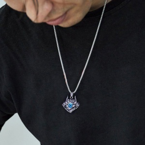 Lant demon world, cu pandantiv evil eye cu detalii capete de schelet, unisex, albastru, - Img 4