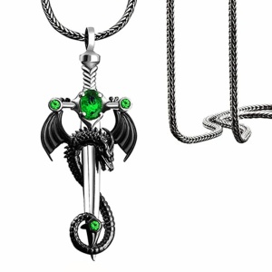 Lant gotic cu pandantiv sabie si dragon, model mitologic fantasy, tematica dragon slayer, unisex, verde,