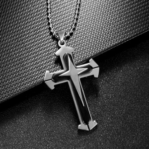 Lant minimalist, cu pandantiv cruce stil modernist, model new age, unisex, negru, - Img 3