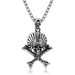 Lant model american skull and bones, cu pandantiv schelet de indian, unisex, argintiu,