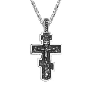 Lant, model crestin, pandantiv cruce, detalii multiple, unisex, argintiu,