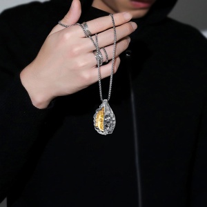 Lant model double face, cu pandantiv Buddha and Devil demon, unisex, argintiu cu auriu, - Img 2