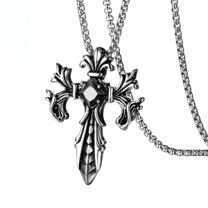 Lant model gotic, pandantiv cruce cu cristal, unisex, negru,