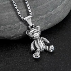 Lant, model retro, pandantiv figurina ursulet, unisex, argintiu inchis - Img 2