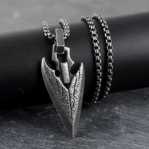 Lant retro cu pandantiv cap de sageata viking, model asimetric, tematica prehistoric arrowhead, unisex, argintiu, - Img 2