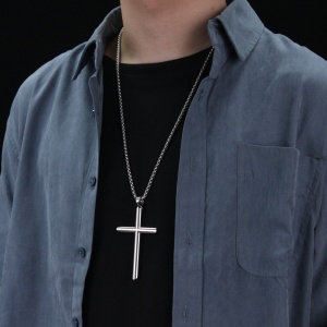 Lant unisex, cu pandantiv cruce, model religios minimalist, tematica holy cross, argintiu, - Img 3