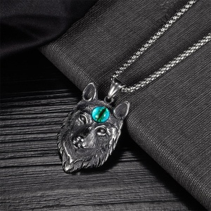 Lant unisex, pandantiv deosebit, model lup cu ochi de demon din sticla, tematica evil beast, argintiu cu albastru, - Img 2