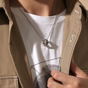 Lant unisex, pandantiv duo special, model cu inele multiple, tematica cool vibe, reglabil, argintiu, - Img 3
