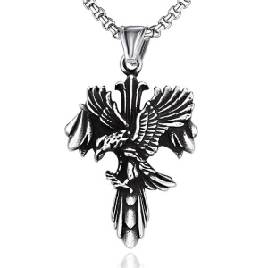 Lant unisex, pandantiv religios, model cruce si vultur, tematica free believe, argintiu,