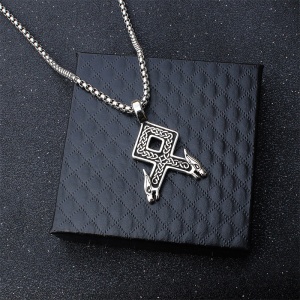 Lant unisex, pandantiv tip rune vikinge, model deosebit cu capete de dragon, tematica twin dragon mythology, argintiu, - Img 2