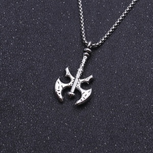 Lant unisex, pandantiv tip topor, model viking, tematica double edge axe, argintiu, - Img 2