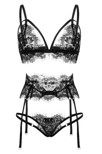 Lenjerie sexy 3 piese, sutien, chilot si portjartier, dantela, negru - Img 3