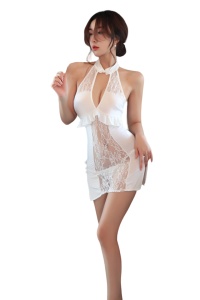 Lenjerie sexy dama, rochie cu decolteu in V, model cu crapatura pe parti cu accesorii feminine, tematica bohemian senzual, alba