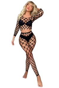 Lenjerie sexy dama, set 2 piese, top cu maneci lungi si pantaloni lungi, model mulat cu tesatura rotunda, negru